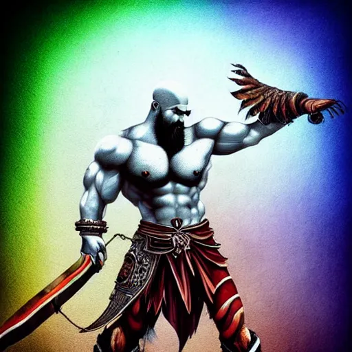 Image similar to hybrid of kratos and a chicken, digital art, cold hue's, warm tone gradient background