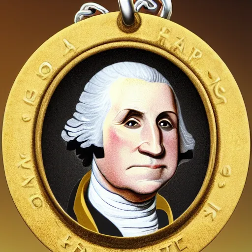 Image similar to a closeup photorealistic illustration of a happy George Washington holding wearing a chain around his neck with a small gold Doubloon coin as a necklace. This 4K HD image is Trending on Artstation, featured on Behance, well-rendered, extra crisp, features intricate detail and the style of Unreal Engine.