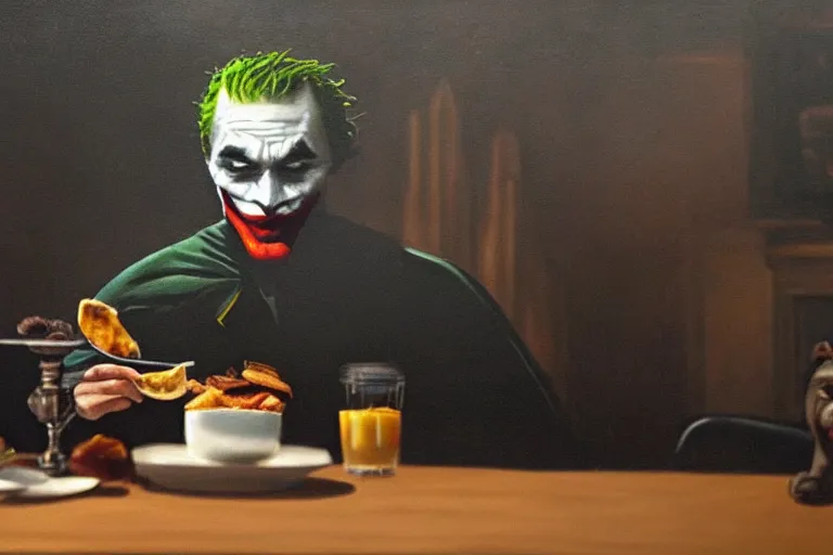 Image similar to morning light, highly detailed portrait of Batman eating breakfast, the head of the joker is placed on the table, atmospheric lighting, masterpiece, award winning painting by Emmanuel Lubezki