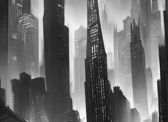 Prompt: gigantic skyscrapers, by hugh ferriss, black and white, dramatic, spectacular, trending on artstation, 4 k, moody atmosphere, cinematic lighting