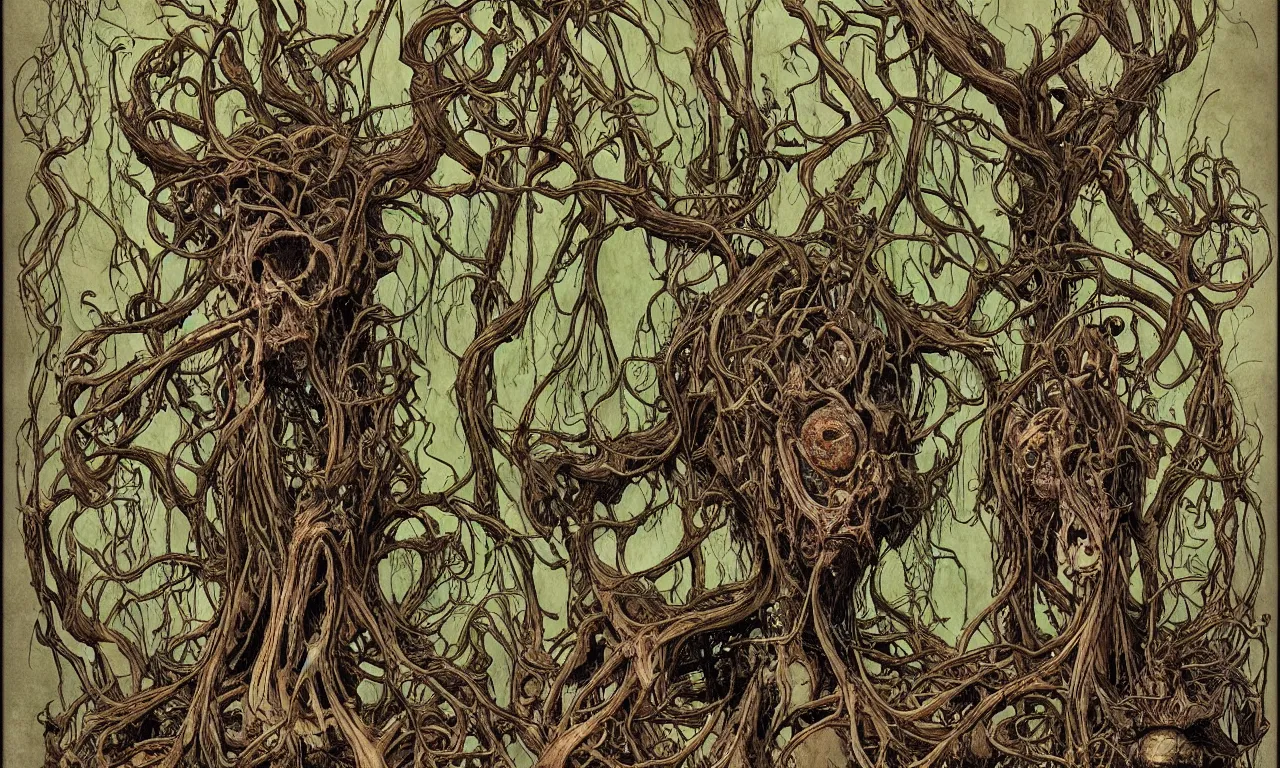 Image similar to hyperdetailed art nouveau portrait of treebeard and old groot as a cthulhu eyeball moose skull wendigo swamp thing cryptids, by michael kaluta, simon bisley and bill sienkiewicz, photorealism, claws, skeleton, antlers, fangs, forest, wild, bizarre, scary, lynn varley, lovern kindzierski, steve oliff