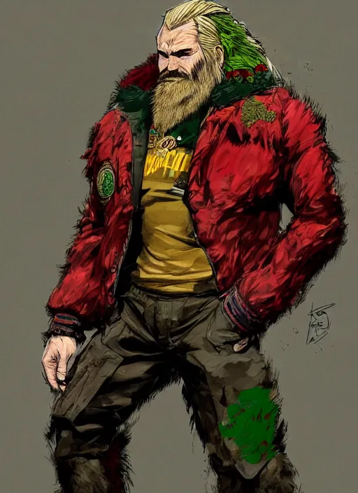 Image similar to Full body portrait of an old muscular man with blonde hair and beard wearing bear skin and red, green and gold jacket. In style of Yoji Shinkawa and Hyung-tae Kim, trending on ArtStation, dark fantasy, great composition, concept art, highly detailed.