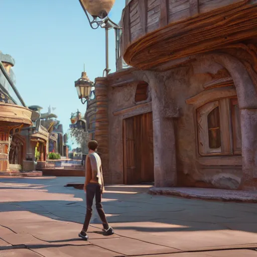 Prompt: Man in ragged clothes walking through the entrance of a desolate Disney Park, hyperrealistic, unreal engine 5