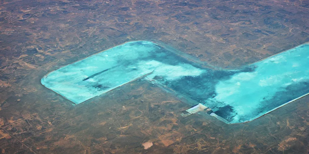 Prompt: aerial view of sunken airport at the bottom of the ocean. submerged airport. in the style of Caspar David Friedric.