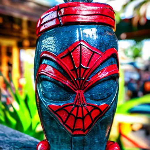 Image similar to a closeup photorealistic capture of glossy spider man style tiki mug at an outdoor trader vic's bar featuring the face of spider man. tiki theme. bright scene. fine detail. this 4 k hd image is trending on artstation, featured on behance, well - rendered, extra crisp, features intricate detail, epic composition and the style of unreal engine.