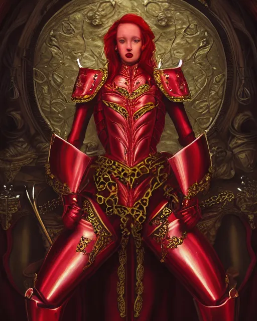 Prompt: redhead queen knight in red armor, exposed beating heart in chest with gold veins, inside grand hall in castle with rococo aesthetic, crown, scar face, elden lord, intimidating, high fantasy, intricate detail, digital painting, artstation, concept art, smooth, sharp focus, illustration, art by yoshitaka amano and monia merlo and wlop
