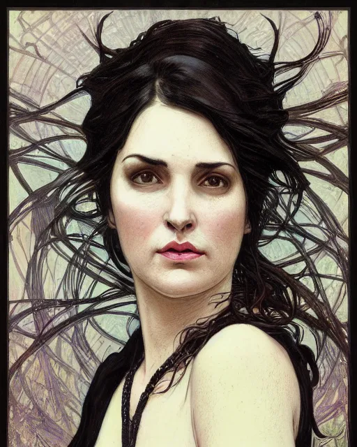 Prompt: portrait of a tall 4 0 - year - old woman with thin lips, long, lush unkempt black hair, and thick eyebrows, wearing in black clothes, hyper realistic face, beautiful eyes, close up, fantasy art, in the style of greg rutkowski, intricate, alphonse mucha, hyper detailed, smooth