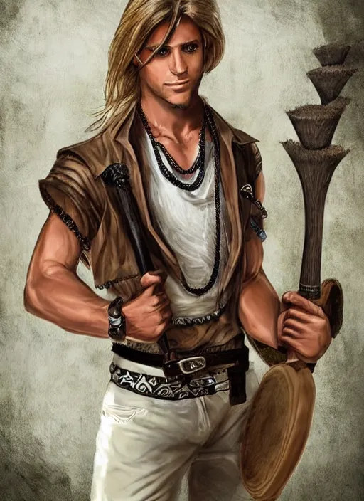 Image similar to a male ranger, dnd, wearing a leather vest and white linen pants, puka shell necklace, long swept back blond hair, with a bongo drum and nunchucks, chiseled good looks, digital art