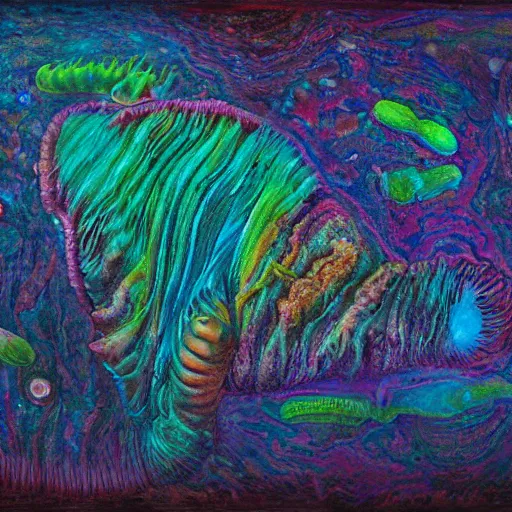 Prompt: Hyperrealistic intensely colored Studio wet collodion Photograph portrait of a deep sea psychedelic bioluminescent tardigrades deep underwater in darkness long exposure, award-winning nature deep sea expressionistic impasto heavy brushstrokes oil painting by Fabian Marcaccio and Jean Dubuffet and Audubon vivid colors hyperrealism 8k