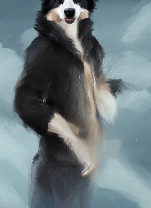 Prompt: beautiful portrait of a cute male anthropomorphic border collie fursona wearing a blue tracksuit in idaho. by charlie bowater, henry asencio, and ross tran. scenic background, detailed, concept art, detailed hands, glamor pose, aesthetic, trending on artstation, top rated on furaffinity and deviantart