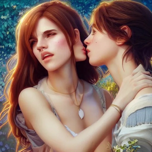 Image similar to ultra realistic illustration, bella thorne and emma watson kissing anime, intricate, elegant, highly detailed, digital painting, artstation, concept art, smooth, sharp focus, illustration, art by artgerm and greg rutkowski and alphonse mucha and wlop