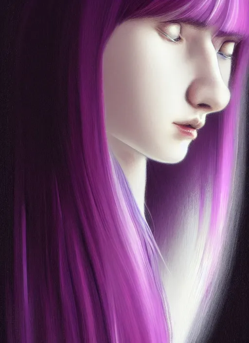 Image similar to hair whitebangs hair, black hair, whitebangsblackhair, portrait of teenage girl with white bangs, red irises, purple clothes, white bangs, bangs are different color from hair, intricate, elegant, glowing lights, highly detailed, digital painting, artstation, concept art, sharp focus, illustration, art by wlop, mars ravelo and greg rutkowski