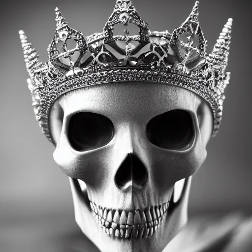 Prompt: skull queen with an origami crown, hints of silver jewelry, gothic, eerie, intricate detail, dramatic lighting, mist, grey, 8k