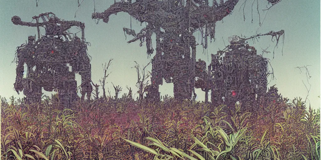 Prompt: grainy risograph matte painting of gigantic huge mech covered with wounds, black, a lot of exotic vegetation, trees, flowers, tall grass, pastel matte colors, staying in the foggy huge swamp covered with web and cotton and a lot of glow - worms, by moebius, intricate detailed