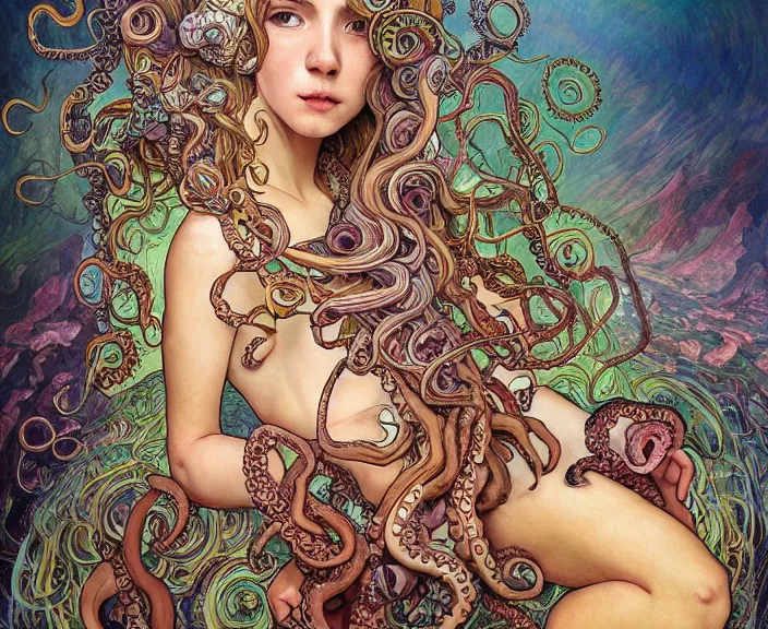 Image similar to portrait of an octopus themed wiman, full body shot, rule of thirds, amazing landscape in background, fantasy, whimsical, horror, art by riot games and chengwei pan and josephine wall and amanda sage and alphonse mucha, intricately detailed, highly detailed, luxurious, elegant, clean, unsettling, trending on artstation