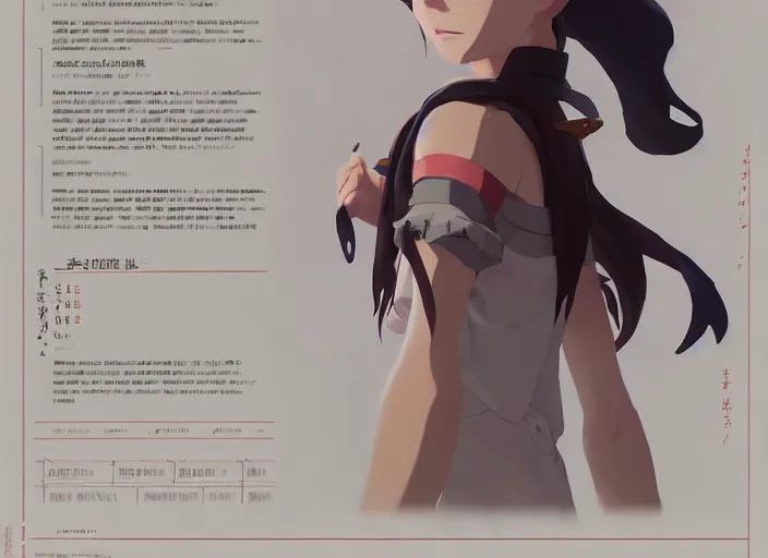 Image similar to character sheet for a beautiful girl, for genshin impact by greg rutkowski, james gilleard, atey ghailan, makoto shinkai, goro fujita, studio ghibli, rim light, exquisite lighting, clear focus, very coherent, plain background, soft painting by huang guangjian and gil elvgren and sachin teng