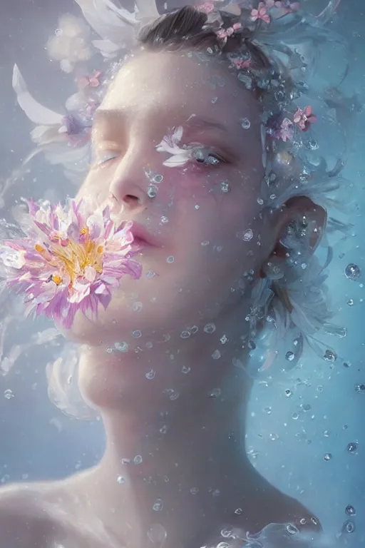 Prompt: face closeup a young beautiful girl drowned in water exploding into flowers, wearing crystal white feathers, 3 d render, hyper realistic detailed portrait, holding magic flowers, ruan jia, wlop. scifi, fantasy, hyper detailed, octane render, concept art, by peter mohrbacher, by wlop, by ruan jia