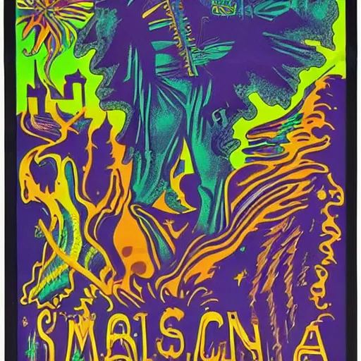 Image similar to a detailed, intricate, psychedelic 1960s poster for a concert in San Francisco featuring Marc E Smith of The Fall, in 1966, LSD, trippy,The Fall