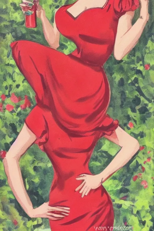 Image similar to a portrait of a beautifull woman, wearing a red dress,with a beautifull smile,a garden background.in american style pin up.anatomically correct