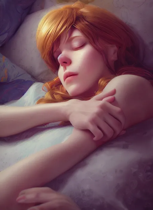 Prompt: sleeping portrait of wendy's mascot wendy thomas, hyper detailed, digital art, trending in artstation, cinematic lighting, studio quality, smooth render, unreal engine 5 rendered, octane rendered, art style by klimt and nixeu and ian sprigger and wlop and krenz cushart.