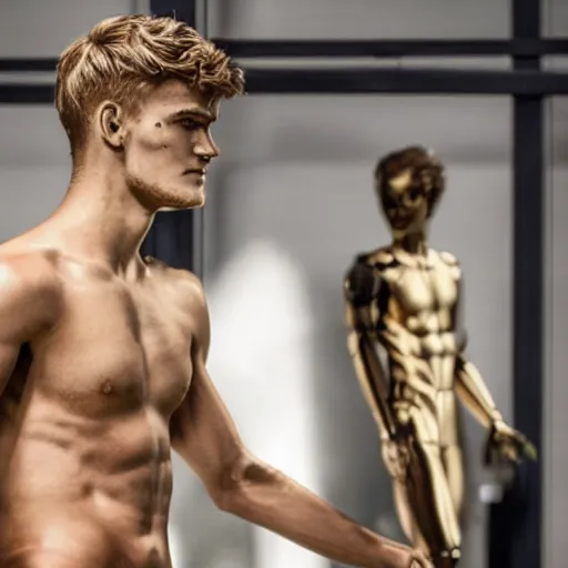 Image similar to a realistic detailed photo of a guy who is an attractive humanoid who is half robot and half humanoid, who is a male android, soccer players martin ødegaard & timo werner, shiny skin, posing like a statue, blank stare, in a factory, on display, showing off his muscles, gold soccer shorts, side view, looking at each other mindlessly