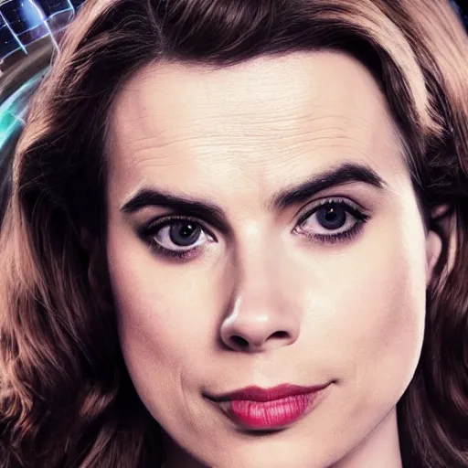 Image similar to a beautiful full body photograph of hayley atwell dressed as doctor who, time vortex in the background, detailed face, symmetrical face, extreme realism and detail, 8 k, completely framed, direct lighting, 3 5 mm photo, photorealistic, sharp focus