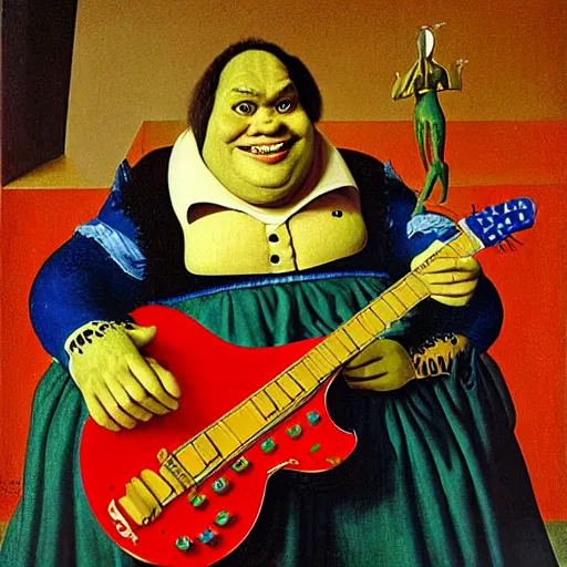 Image similar to Portrait of Jack Black dressed as Shrek, playing Electric Guitar, with beautiful exotic robot. Painting by Jan van Eyck, Audubon, Rene Magritte, Agnes Pelton, Max Ernst, Walton Ford