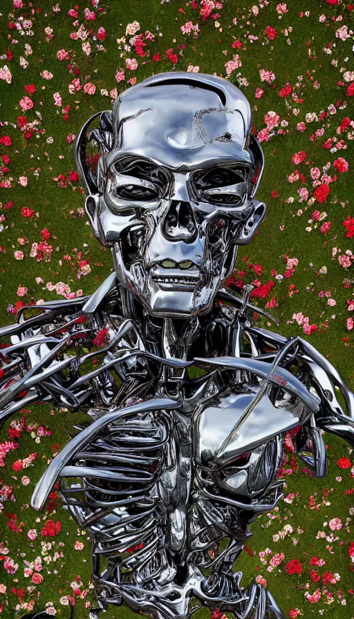 Image similar to destroyed terminator lying in a field of flowers, twisted metal, chrome, reflections, anthropomorphic, photorealism, smoke, metal, 8 k, surreal, wires, smooth, sharp focus, top view, extremely detailed, hyperrealism, elegant, establishing shot, by jeff koons, artgerm and greg rutkowski