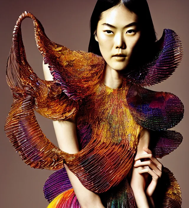 Image similar to photography american portrait of liu wen, natural background, sensual lighting, natural fragile pose, wearing stunning dress by iris van herpen, with a colorfull makeup. highly detailed, skin grain detail, photography by paolo roversi, nick knight, helmut newton, avedon, araki