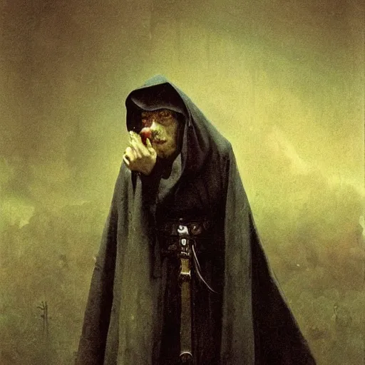 Prompt: portrait of a small pale cowardly man wearing dark hood, fantasy artwork, frightened look, high fantasy, by karl spitzweg