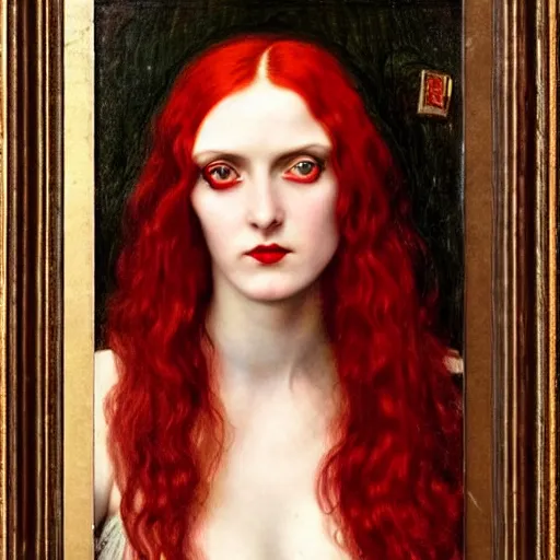 Prompt: A striking Pre-Raphaelite witch with intense eyes and bright red hair by John Collier