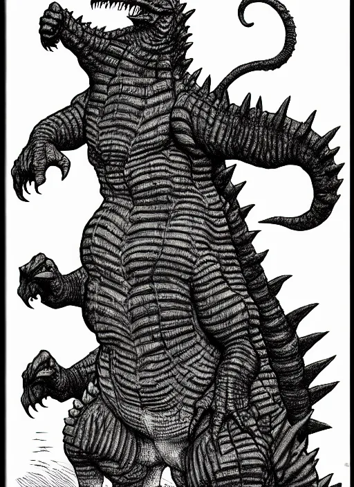 Image similar to godzilla as a d & d monster, full body, pen - and - ink illustration, etching, by russ nicholson, david a trampier, larry elmore, 1 9 8 1, hq scan, intricate details, stylized border