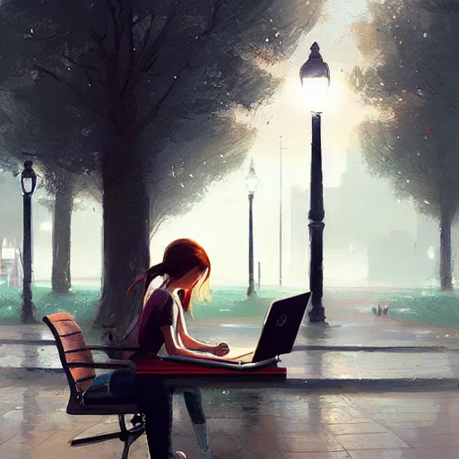 Image similar to a girl working on her laptop, city park, street lighting, greg rutkowski, digital painting