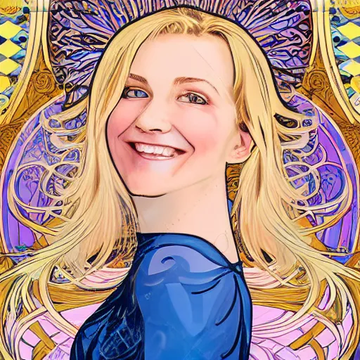 Image similar to portrait of a blonde, happy, laughing, beautiful, danish scrum master. she is looking a you with loving, calm eyes. the background is colorful and inspired by alphonse mucha