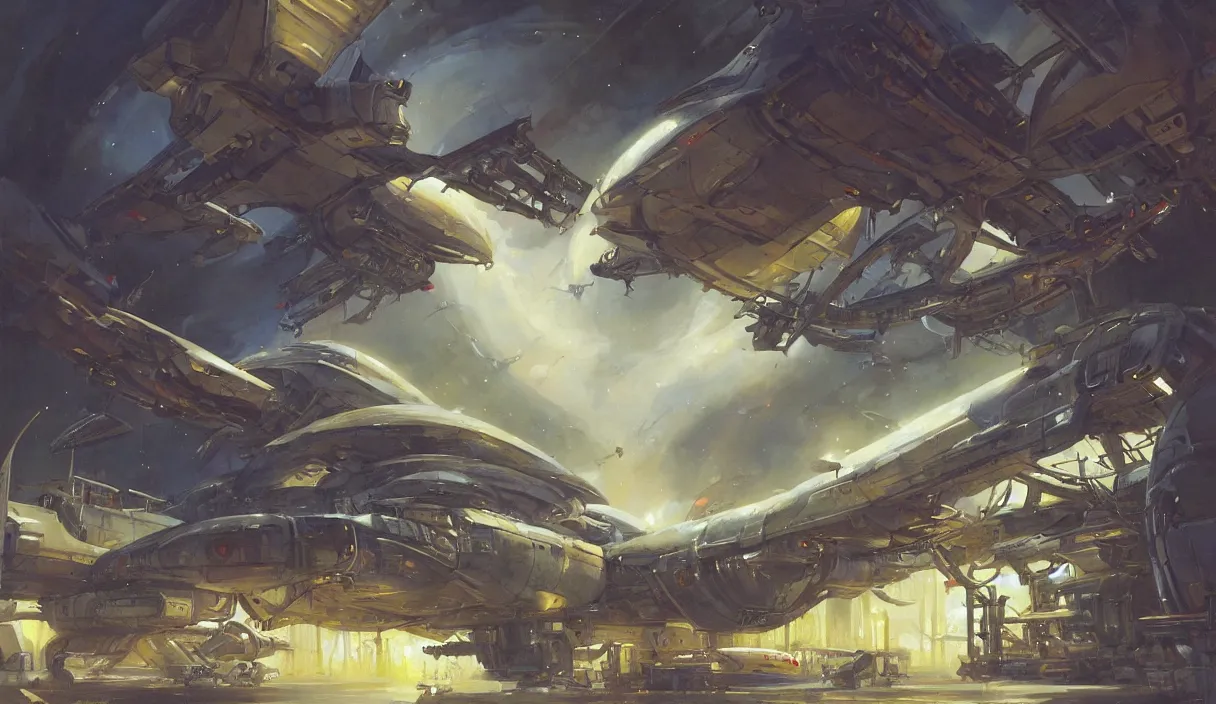 Image similar to a painting of a sci fi hangar, by jesper ejsing