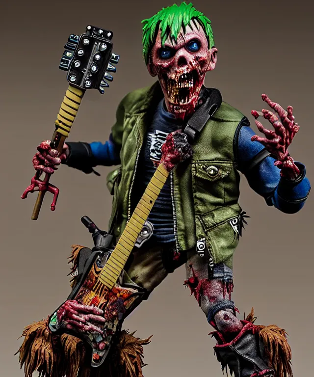 Image similar to hyperrealistic rendering, punk rock zombie is motu action figure, product photography