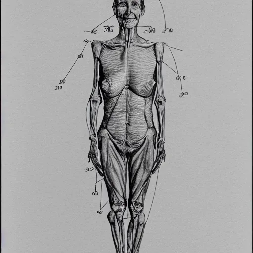 Prompt: very precise anatomy plan of a dark - haired old woman with braces all over her legs, emaciated figure. photoreal picture black pencil annotated