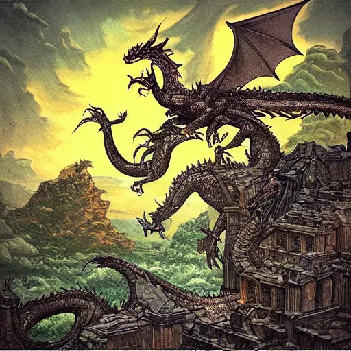 Image similar to “ epic dragon fighting scene over forest and ancient city by moebius and victo ngay ”