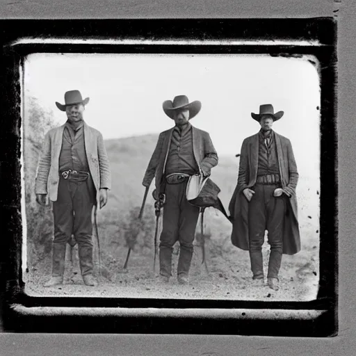 Image similar to a platinotype photo of three man from the old west going on an expedition to find a haunted burial ground and exhume it from a terrorizing creature