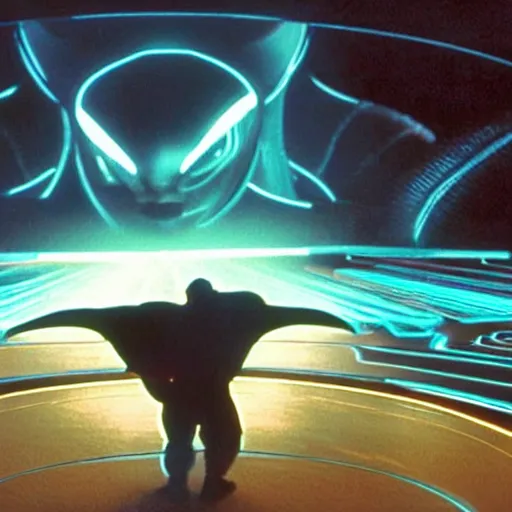 Image similar to a movie still from tron with the balrog from lord of the ring