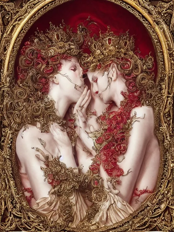 Image similar to a beautiful portrait render of two red veiled queen with baroque symmetry intricate detailed ,heart,pray,love,crystal-embellished,by Daveed Benito,LEdmund Leighton,Virginie Ropars,peter gric,aaron horkey,Billelis,trending on pinterest,hyperreal,gold,silver,ivory,maximalist,glittering,golden ratio,cinematic lighting