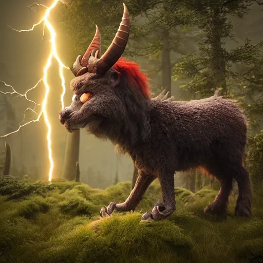 Prompt: creature fluffy animal with horns and short legs and arms and red eyes, forest scene, octane render, highly detailed, cinematic lightning, epic fantasy style art