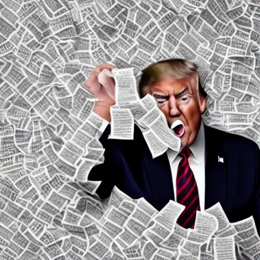 Image similar to candid portrait photo of president trump shoving a ball of paper into his mouth, eating a wad of paper, detailed portrait, 4 k, megapixel, sony a 7 s, f / 8, 2 4 mm lens