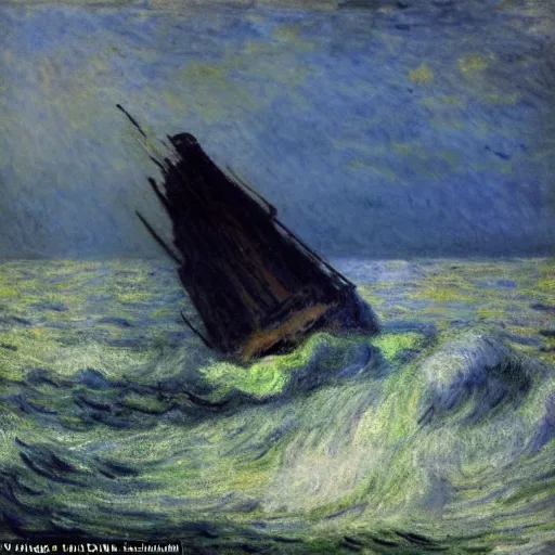 Prompt: large ship being tossed about in a fierce storm in the sea, dark, low light, terrifying, beautiful, monet painting