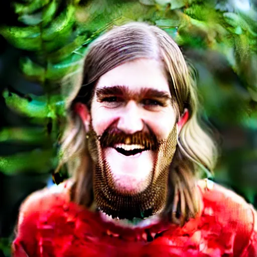 Image similar to bearded long - haired bo burnham outside of his house, smiling and dancing