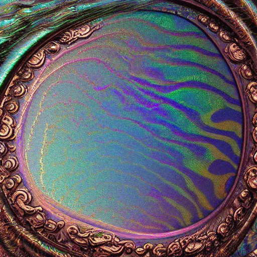 Prompt: Art Nouveau cresting oil slick waves, hyperdetailed bubbles in a shiny iridescent oil slick wave, ornate copper patina medieval ornament, rococo, oganic rippling spirals, octane render, 8k 3D