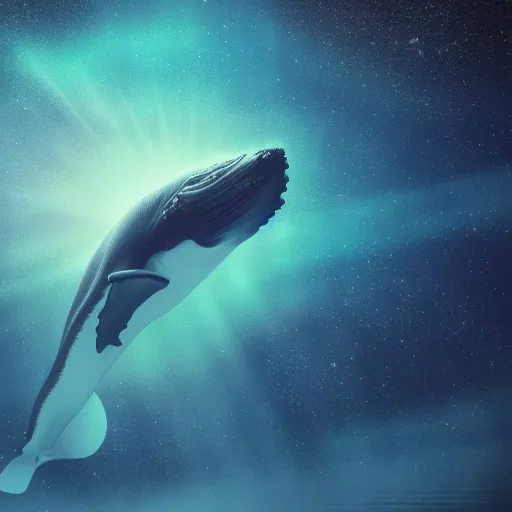 Prompt: portrait of whale swimming on a night sky, swimming across the universe, oniric, dreamy, beautiful, highly detailed, cinematic, trending on artstation