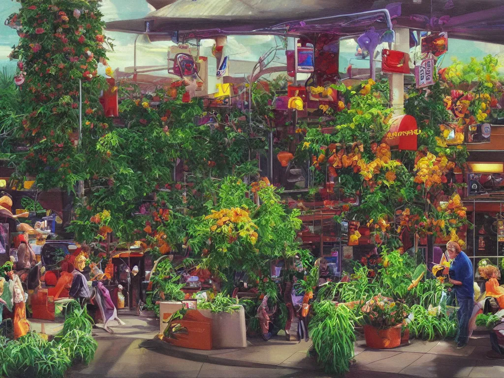 Prompt: Ordering at a busy McDonalds drive thru made of plants and gemstones, Peter Blume oil painting