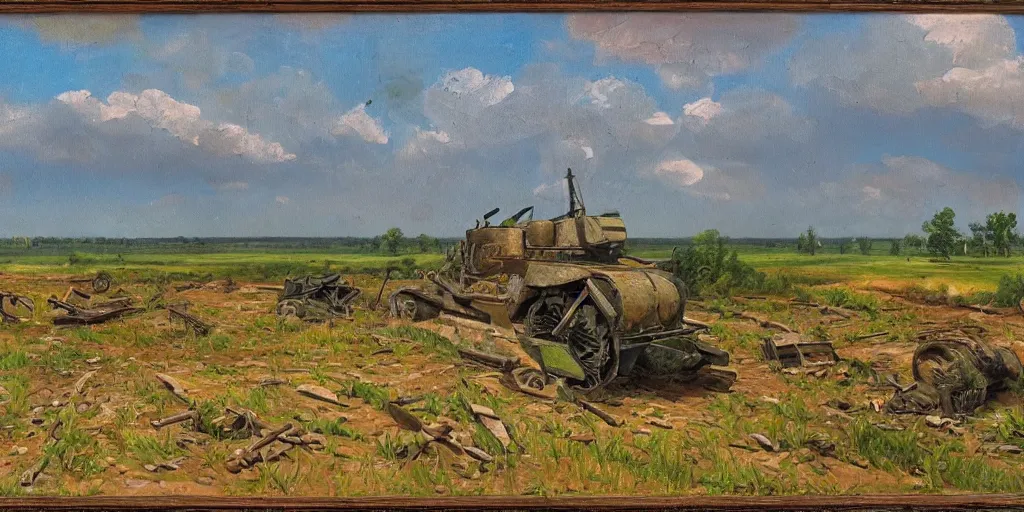 Image similar to landscape of the eastern front, summertime, abandoned equipment, shell holes, oil painting in the style of peredvizhniki