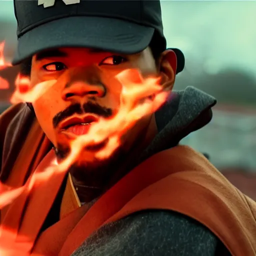 Image similar to cinematic film still of Chance The Rapper starring as a Samurai holding fire, Japanese CGI, VFX, 2022, 40mm lens, shallow depth of field, film photography